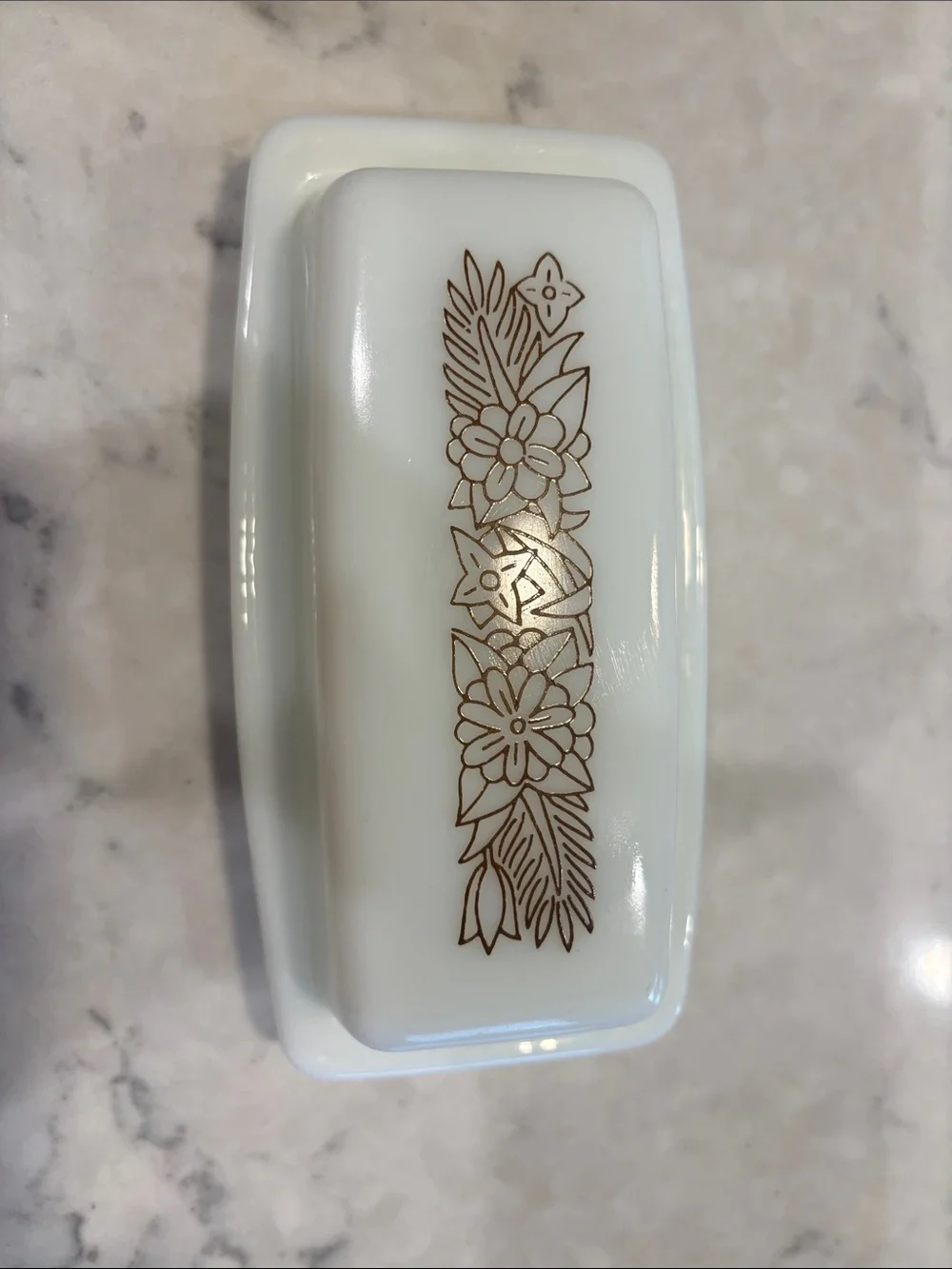 Pyrex White Butter Dish with Gold Floral Trim
